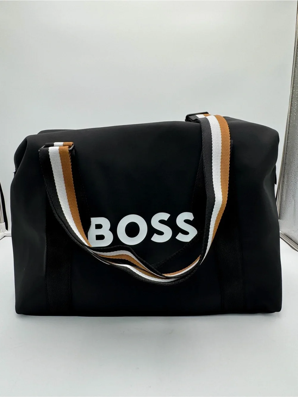 Hugo BOSS Parfums Black Weekender Duffel Travel Gym Bag Striped Handles Zip Tote